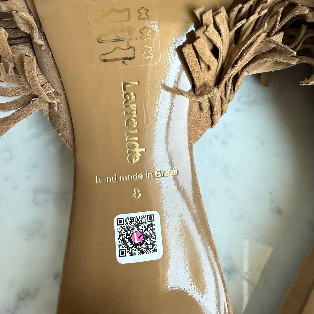 Larroudé Sienna Fringe Suede Mules Tan Kitten Heel Size 8 Handmade Brazil - Picture 10 of 12